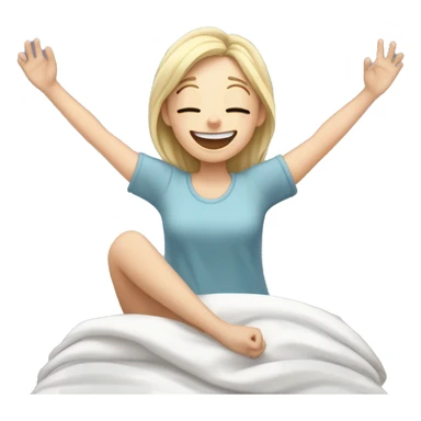 Happy pale girl wakes up in bed and stretches hands up in the air  sticker
