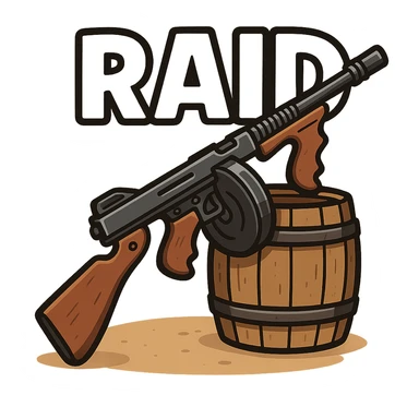A detailed Thompson submachine gun with a drum magazine leaning against a barrel, with the word 'RAID' prominently over it, suitable for an icon or sticker sticker
