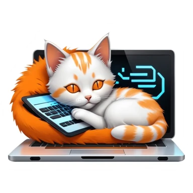 kitten sleeping on a futuristic scifi cyberpunk laptop sticker