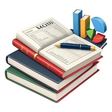 Icon for Business Reading: an open book with graphs, numbers, percentages, formulas, and text on the pages, next to a stack of books, a pile of dollars, a calculator, a pen, and business magazines like Forbes. Transparent background. sticker