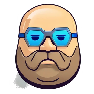 Bearded Fat bald cyborg head with tan skin, blue goggles and circuits sticker