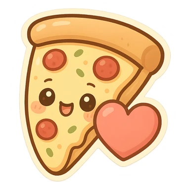 chibi sticker-style slice of pizza with a big heart, cute and exaggerated sticker