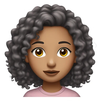 mixed girl with thin chest black long wavy curly hair and brown eyes and has long lashes on and noticeable blush and her lips are pink NOT BROWN and shes wearing a tight grey long sleeve top sticker