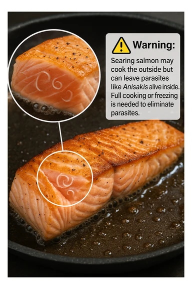 a close-up of a salmon fillet being lightly seared in a hot pan, with the outer layer cooked but the inside still raw. An inset magnifies the interior, showing visible Anisakis parasites surviving in the uncooked portion. A warning icon and educational text explain that searing alone may not eliminate all parasites. sticker