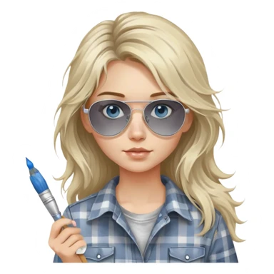 girl with long blond messy hair, "white paint on her face" wearing grey plaid shirt with blue eyes and aviator sunglasses wearing a ring on her silver necklace, holding a paint brush roller sticker