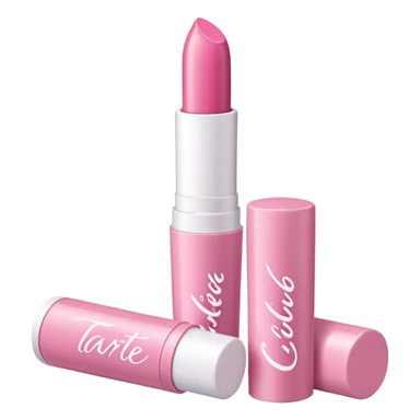 The image is of a pink lipstick from the brand Tarte. The lipstick is in a cylindrical tube with a white cap. The tube is made of plastic and has the brand name "Tarte" written in white cursive letters on the front. The cap is also pink and appears to be slightly open. The background is plain white. sticker