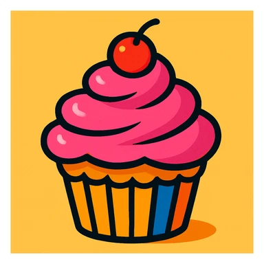 A vibrant toon illustration of a cupcake with pink icing sticker