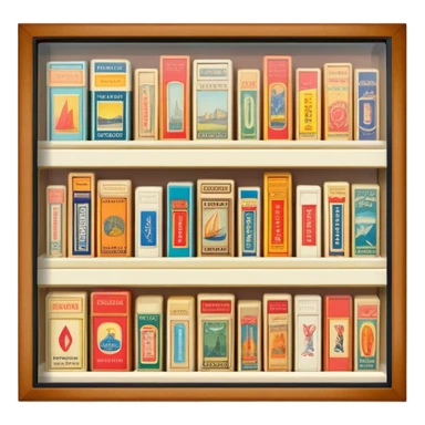 Icon for Matchbox Collecting: a collection of vintage and colorful matchboxes from different places, neatly displayed in a row or in a display case. The icon should reflect the uniqueness and diversity of matchbox collecting. Transparent background. sticker