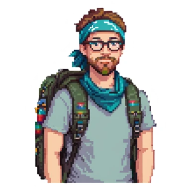 adventurer with goatee beard (no beard on cheeks), short hair, glasses, bandana on head and backpack sticker
