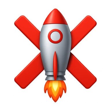 Make the X cross go from side to side, extending outside the rocket, in emoji style. The style should resemble apple style emojis with clear and concise design, focusing on the X cross extending beyond the rocket's sides. sticker