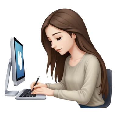 beautiful pale brunette girl with long hair editing photos on her computer looking down sticker