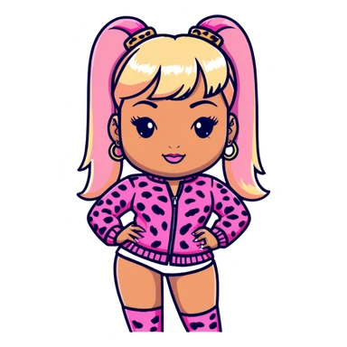 Nicki Minaj wearing pink and white leopard print outfit with half blonde half pink hairstyle with bangs sticker