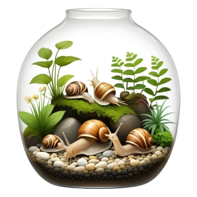 A collection of various snails and mollusks inside a small, lush terrarium with plants and moss. Some snails are crawling along the glass while others rest on pebbles. The scene is serene with soft lighting, showcasing the natural beauty of the mollusks. Transparent background. sticker