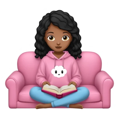 Una chica linda de cabello negro con ondas hasta los hombros de piel blanca con una sudadera rosa en un sofá cómodo y hermoso leyendo la biblia sticker