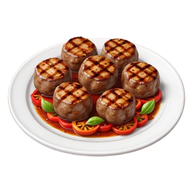 Akçaabat meatballs object icon, grilled Turkish kofte pieces on a plate, smoky char marks, juicy texture, served with grilled peppers and tomatoes, 3D cartoon, mobile game icon style, centered, clean background, no text, no watermark
 sticker