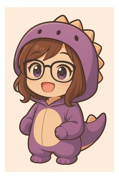 Fix the cuffs on the sleeves to look more natural and consistent with the chibi anime style. Keep the girl happy, eyes open, with glasses, brown hair, dark purple eyes, and a purple dinosaur costume. Remove the controller. No background. sticker