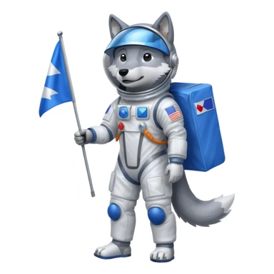 a wolf in space suit, holding blue rectangle flag, full body sticker
