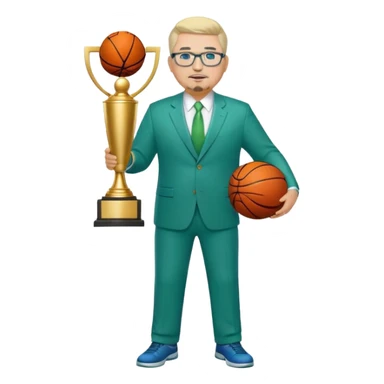 Full Body white fat male  wearing glasses with a goatee with light blonde gray very short hair basketball head Coach in blue and green suit holding trophy sticker