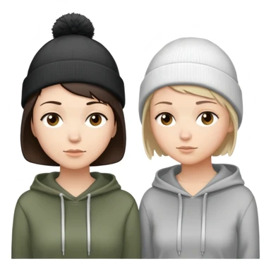 extremely short haired brunette white woman standing face to face with a very short haired brunette haired woman. Both women are wearing beanies and hoodies sticker