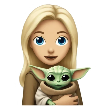 blonde woman with blue eyes holding baby yoda sticker