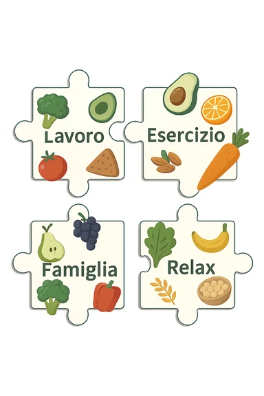 Puzzle (Lavoro, Esercizio, Famiglia, Relax), and healthy foods are integrated into each piece. in italiano sticker