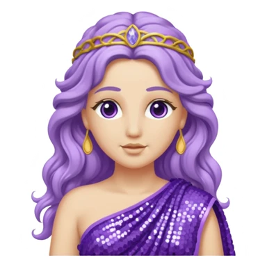 Aphrodite from Roman Deities with long lavender wavy hair, lavender sequin toga sticker