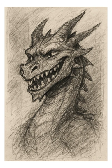 a dragon grinning, pencil sketch style sticker