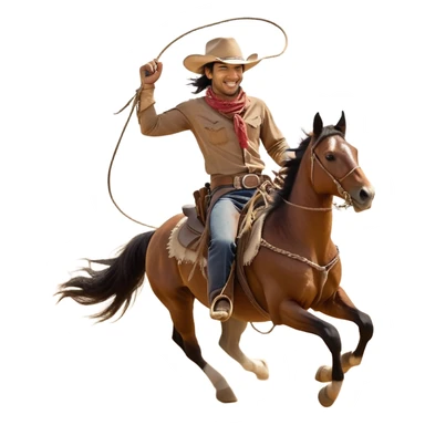 clash-of-clans-aesthetic_-cinematic-playful-cowboy-portrait-emoji, head-tilted with a roguish, cheeky grin and twinkling eyes, featuring a wide-brimmed cowboy hat and a weathered bandana on tan skin, riding a powerful galloping horse with dynamic flowing mane, reins gripped firmly in one hand and a lasso in the other, as dust swirls behind them in a vast desert landscape. sticker