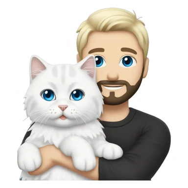 A guy with a black earing and black short hair and black beard and holding a all white Siberian cat with blue eyes  sticker