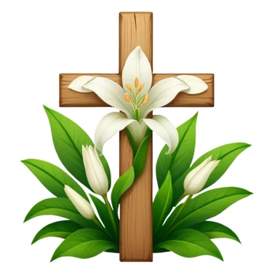 A wooden cross with white lilies around the bottom. sticker