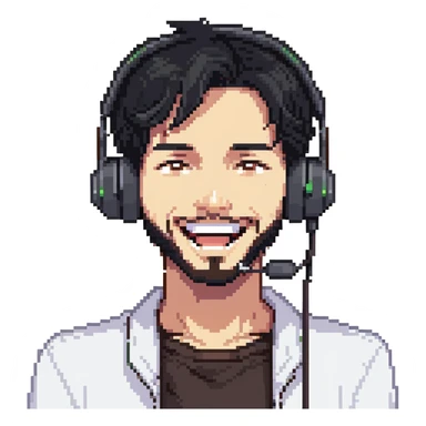 anime style laughing man with black hair, brown eyes, black beard wearing gaming headset sticker