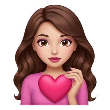 girl with long wavy brown hair, brown eyes, long lashes makeup, sexy pink lips, light to medium complexion, wearing a pink sexy top, holding a big heart sticker