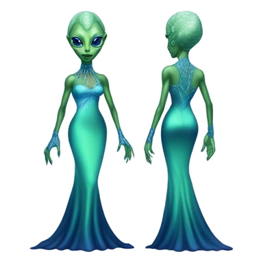 reptilian green alien woman, in long slim pastel blue formal party satin dress with gradient shiny sparkling navy blue diamonds embroidered, full body full figure sticker