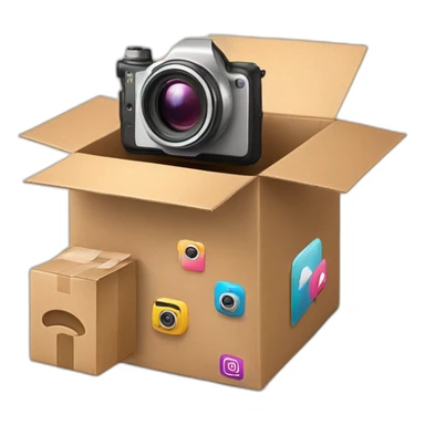 Video Camera, Instagram YouTube icons fly out from the Cardboard box sticker