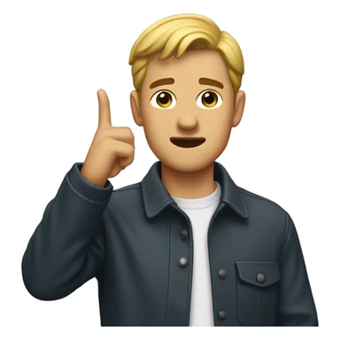 man pointing at his ear sticker