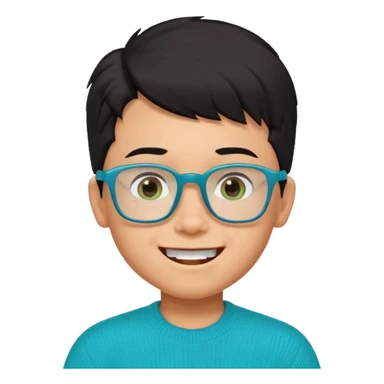 Chico de 7 años, pelo negro y repeinado pero con volumen hacia arriba, piel marrón clarito, gafas cuadradas azules, sonriente y sin 1 diente, jersey verde turquesa y ojos muy rasgados, Y NO redondeados sticker