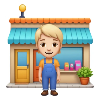  2D line-drawn character + small bright shop sticker