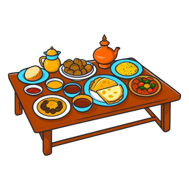 Steaming hot beshbarmak on a traditional dastarkhan, Kazakh feast table sticker