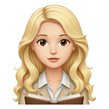Blonde model with brown eyes, long wavy hair, writing in a notebook sticker