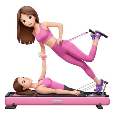 long brown hair girl doing a plank on a pilates reformer in a pink workout set sticker