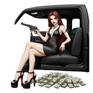 Lilith red eye seductress evil long brown haired sexy succubus woman with leather long dress with slit on, sitting in Big Large F350 pickup truck. Wearing super tall black platform high heels, Back seat full of stacks of cash, she is  Holding a human skull of her enemies and a gun in other hand sticker