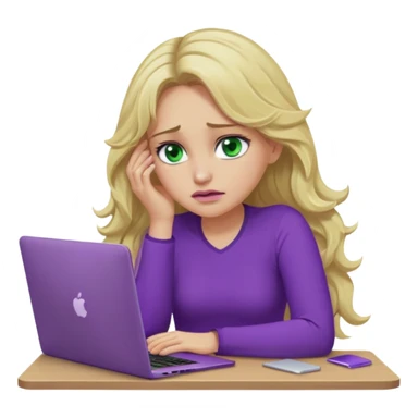 lady with long wavy blonde hair, purple top, green eyes, elbow on desk with hand on face, with a purple mac laptop tears down face. sticker