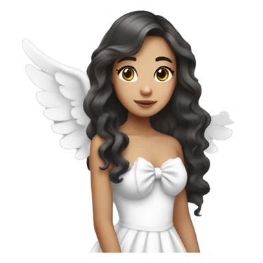 Pretty mixed Asian girl with long wavy hair with big angels wings and a white bow in a strapless dress sticker