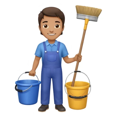 man in cleaning clothes, holding a broom and a bucket sticker