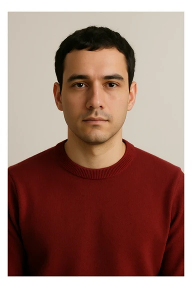 a guy with a red sweater, brown eyes, and black hair, neutral expression, upper body only, plain background sticker