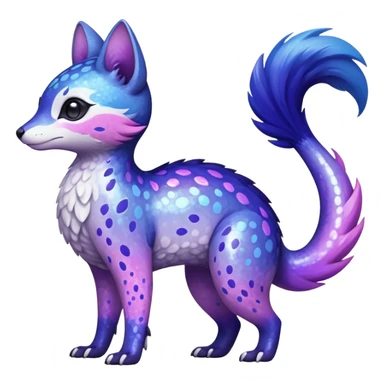  Flecked speckled oriental Hyper-realistic Shiny iridescent glossy oily smooth silky soft White with indigo-Violet-purple-pinkish-gradient markings beautiful handsome gorgeous aesthetic colorful vibrant Vernid-Trico-species-Fakemon-creature by LiLaiRa, 4 legs, 1 tail, random markings, (full body) sticker