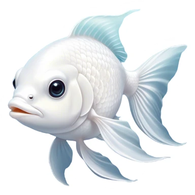 Cinematic Noble White Goldfish Portrait Emoji, Poised and regal, with a sleek, streamlined build and a luminous, pure white body, deep-set soulful pale eyes, Simplified yet sharp and sophisticated features, highly detailed, glowing with a soft, dignified glow, high shine, intelligent and graceful, stylized with an air of aquatic purity, focused and attentive, soft glowing outline, capturing the essence of a watchful and confident aquatic companion, so majestic it feels as though it could glide out of the screen with effortless authority! sticker