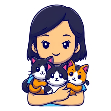 teenage girl with black hair with brown highlights with two cats that are tri-colored (black, orange, and white) sticker