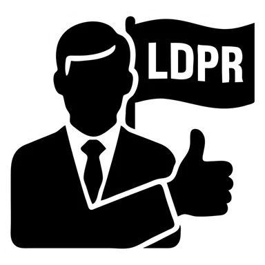 A man giving a thumbs up, in a suit, blue flag with yellow LDPR lettering on the back sticker