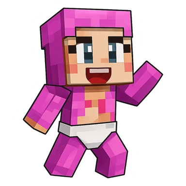 Extract only the Minecraft baby character in pink from the image, place it on a transparent background, and keep the original Minecraft cartoon style and appearance. sticker